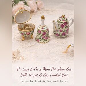 Vintage 3-Piece Mini Porcelain Set Bell, Teapot Egg Trinket Box Floral Small GUC